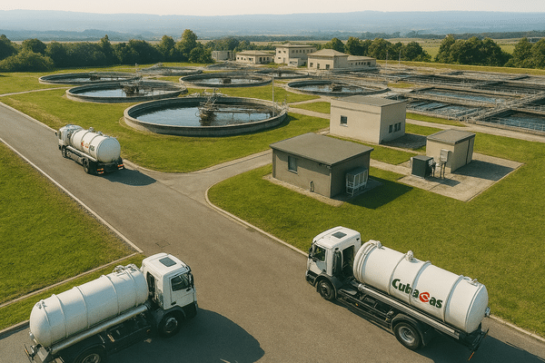 Camiones cuba de CUBACAS haciendo gestión ecológica de residuos al llevarlos a planta de tratamiento