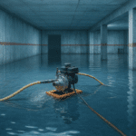 Después de una fuerte y prolongada lluvia es muy posible que ocurran inundaciones en sótanos o bajos. Bomba de achique vaciando el bajo inundado