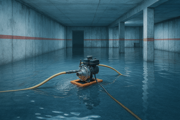 Después de una fuerte y prolongada lluvia es muy posible que ocurran inundaciones en sótanos o bajos. Bomba de achique vaciando el bajo inundado
