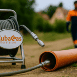 Personal de CUBACAS realizando limpieza por obstrucción de tuberías con equipo de toberas corta raíces