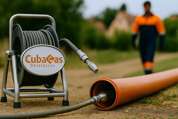 Personal de CUBACAS realizando limpieza por obstrucción de tuberías con equipo de toberas corta raíces